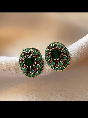 Anthropologie Gold-Tone Oval Emerald Green Crystal Stud Earrings - Women Jewelry